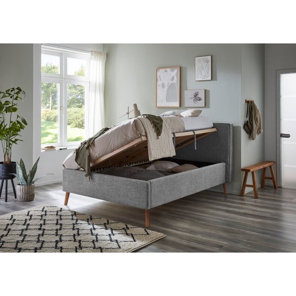 Pat matrimonial gri deschis tapițat cu spațiu de depozitare cu somieră 140x200 cm Riva – Meise Möbel-image-3