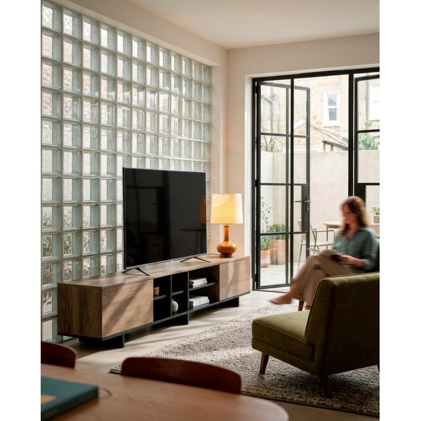 Comodă TV neagră/în culoare naturală cu aspect de lemn de stejar 230x44x36 cm Cequoia – Marckeric-image-1