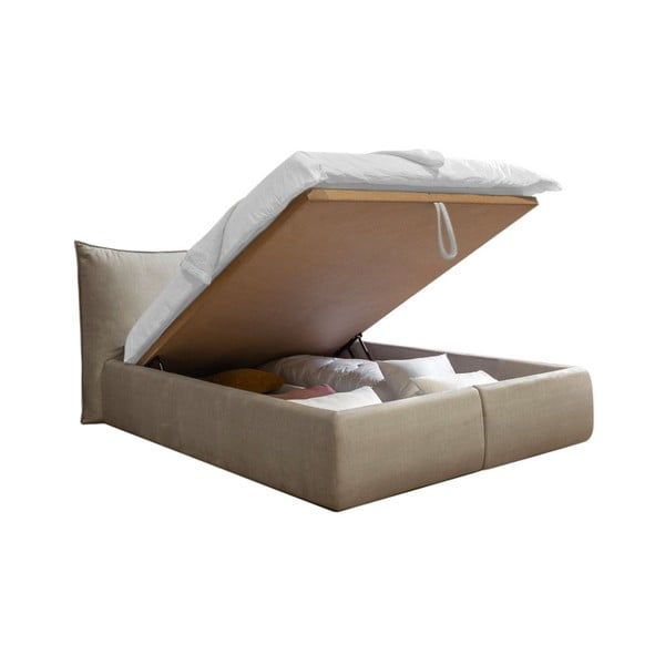 Pat matrimonial bej tapițat cu spațiu de depozitare și somieră 180x200 cm Jade – Bobochic Paris-image-4