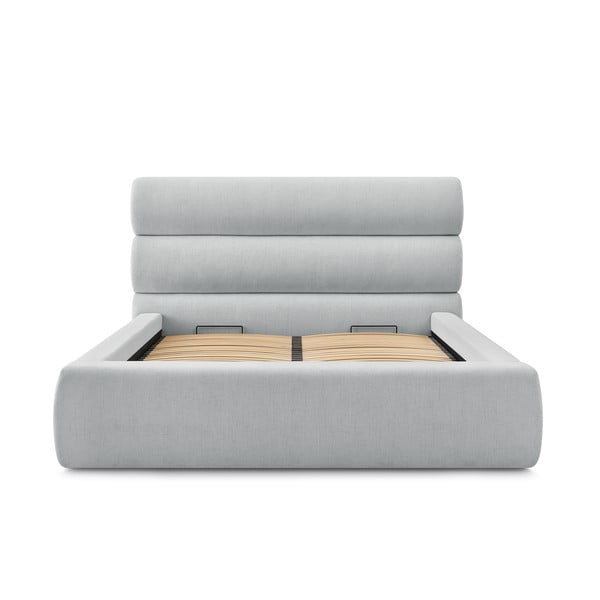 Pat matrimonial gri deschis tapițat cu spațiu de depozitare și somieră 160x200 cm Jagna – Bobochic Paris-image-3