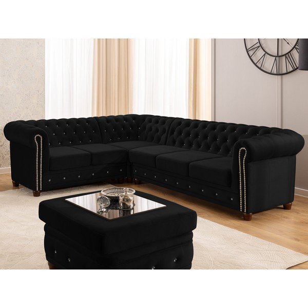 Colțar negru extensibil cu tapițerie din catifea (cu colț pe partea stângă/în formă de ”L”) York Blik – Ropez-image-4