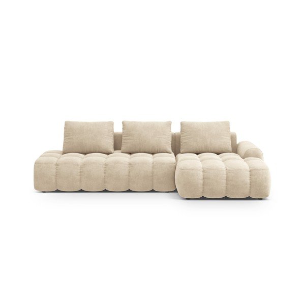 Colțar bej extensibil/cu spațiu de depozitare cu tapițerie din catifea (cu colț pe partea dreaptă/cu șezlong) Linz – Cosmopolitan Design