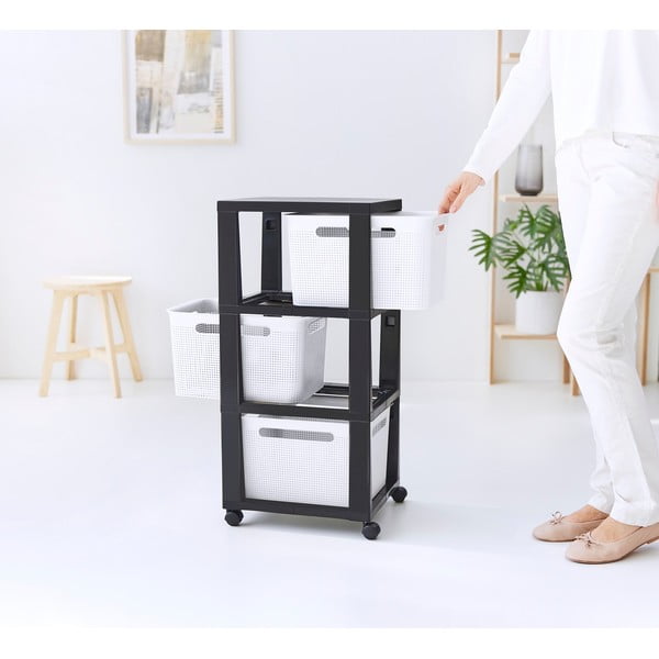 Etajeră pe roți albă/neagră din plastic 30x77 cm Brisen - Rotho-image-1