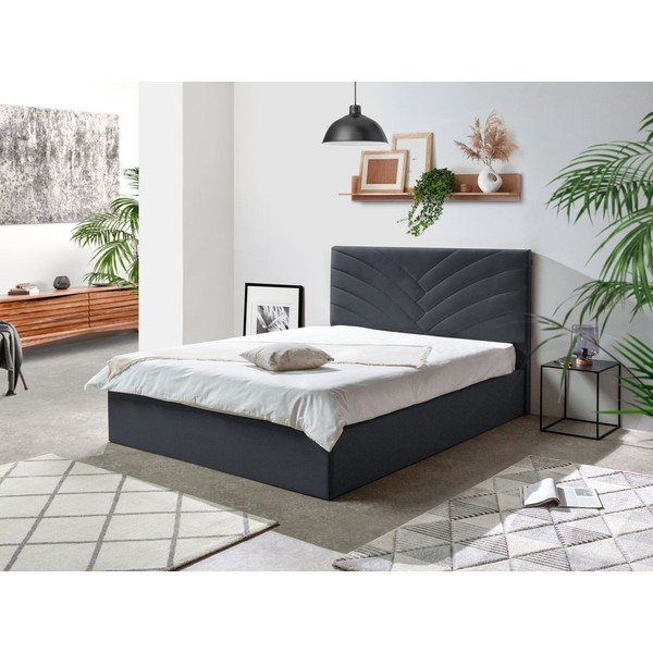 Pat matrimonial 160x200 cm gri antracit tapițat cu spațiu de depozitare cu somieră Palmyre – Bobochic Paris-image-1