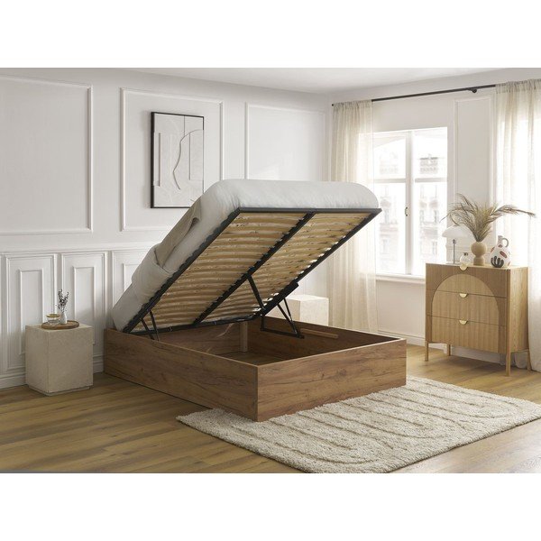 Pat matrimonial maro din  placă aglomerată de lemn cu aspect de lemn de mesteacăn cu spațiu de depozitare/fără tăblie cu somieră 140x190 cm Mara – Bobochic Paris-image-3