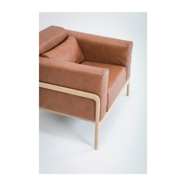 Fotoliu din piele bovină cu structură din lemn masiv de stejar Gazzda Fawn, maro cognac-image-2