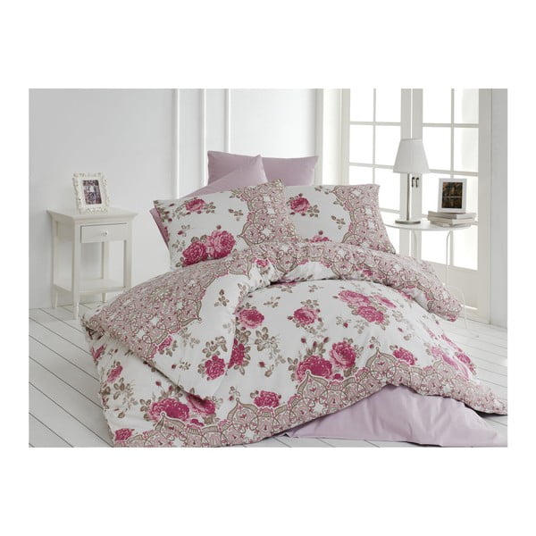 Lenjerie de pat din bumbac cu cearșaf Arnia, 200 x 220 cm, roz