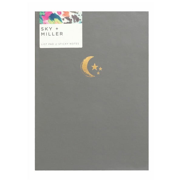 Caiet notițe cu bloc notițe adezive Portico Designs Moon&Stars, 60 file, gri