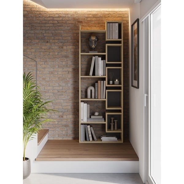Bibliotecă neagră/în culoare naturală cu aspect de lemn de stejar 60x168,5 cm Eladi – Marckeric-image-1