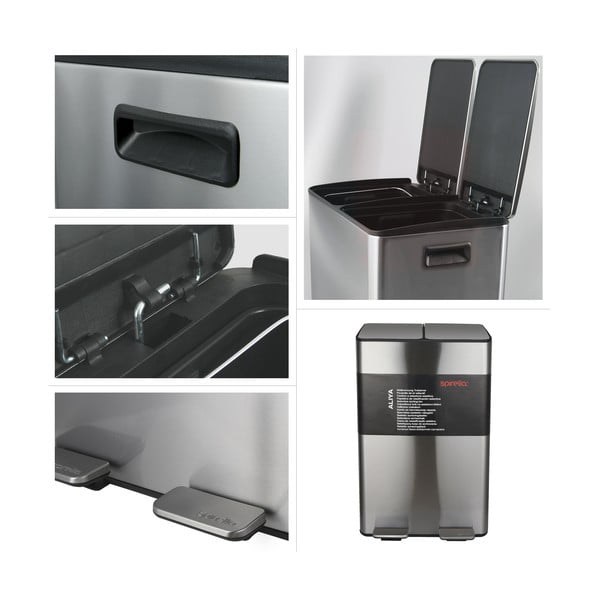 Coș de gunoi argintiu mat pentru reciclare/cu pedală 2x30 l din oțel   Aliya – Spirella-image-3