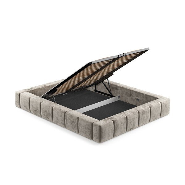 Pat matrimonial bej tapițat cu spațiu de depozitare cu somieră 160x200 cm Aruba L – Maison de Rêve-image-4