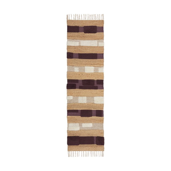 Covor tip traversă mov/în culoare naturală țesut manual din amestec de iută 60x230 cm Medina Blocks – Flair Rugs