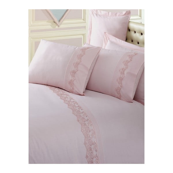 Lenjerie de pat din bumbac cu cearșaf Brode, 200 x 220 cm, roz pudră