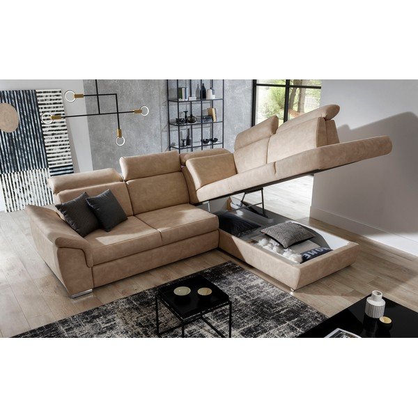 Colțar bej extensibil/cu spațiu de depozitare cu tapițerie din catifea (cu colț pe partea dreaptă/în formă de ”L”) Loreto – ELTAP-image-3