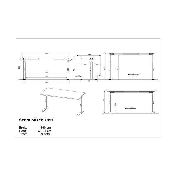 Birou reglabil cu blat cu aspect de lemn de stejar 80x160 cm Downey – Germania-image-3