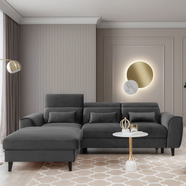 Colțar gri închis extensibil/cu spațiu de depozitare cu tapițerie din catifea (cu colț pe partea stângă/cu șezlong) Foble – ELTAP-image-1
