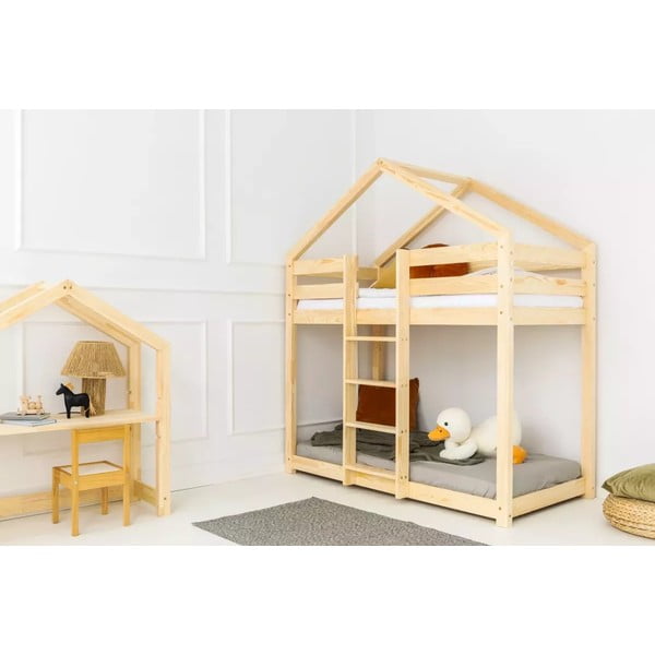 Pat pentru copii  în culoare naturală de tip casă/supraetajat cu somieră 90x180 cm DMPN – Adeko-image-1