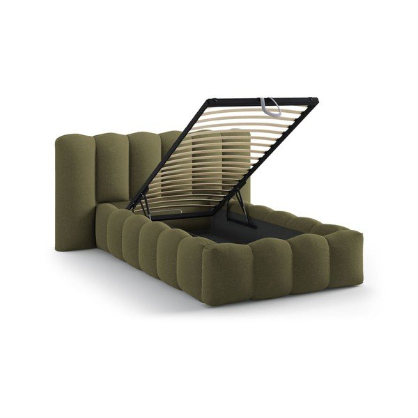 Pat kaki tapițat cu spațiu de depozitare cu somieră 90x200 cm Lupine – Micadoni -image-1