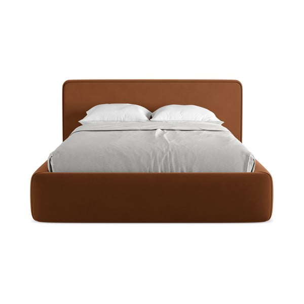 Pat matrimonial teracotă tapițat cu spațiu de depozitare cu somieră 140x200 cm Kiana – Makamii-image-4