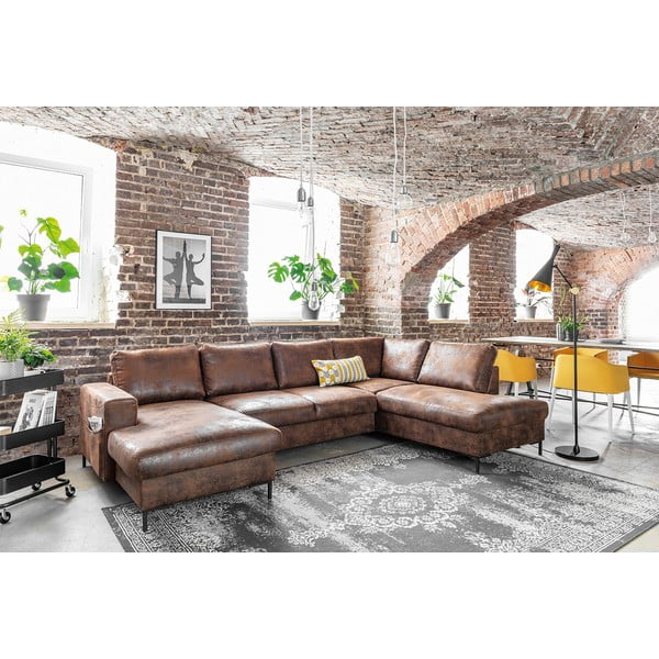 Canapea extensibilă în formă de „U” din imitație de piele cu șezlong pe partea dreaptă Miuform Lofty Lilly Vintage, maro-image-3