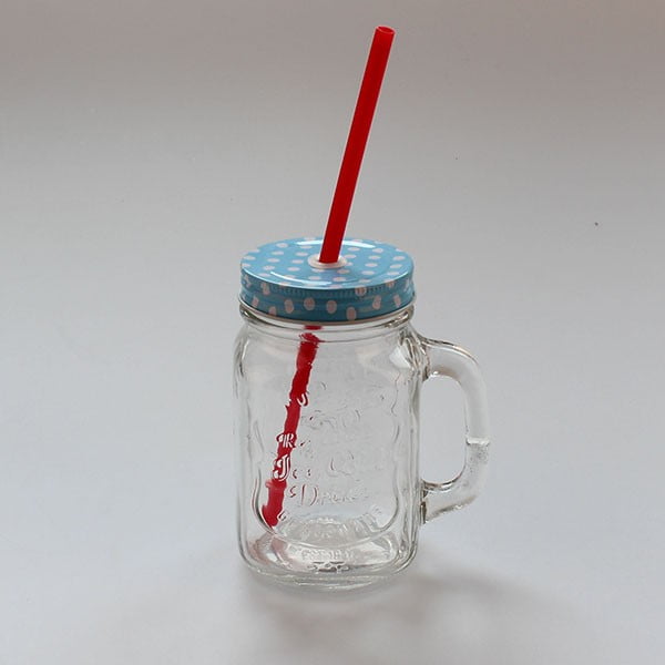 Cană din sticlă cu pai și capac Dakls, 450 ml, albastru - roșu