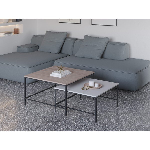 Măsuțe de cafea alb/natural 2 buc. cu blat cu aspect de lemn de stejar 80x80 cm Fiorenza – Marckeric-image-1