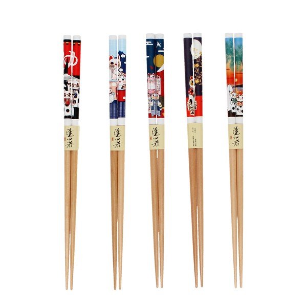 Set de bețe chinezești în culoare naturală din lemn 5 buc. Beckoning Cats – Rex London