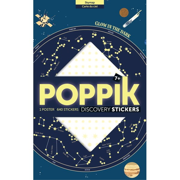 Poster educațional cu stickere fosforescente Poppik „Harta stelelor”