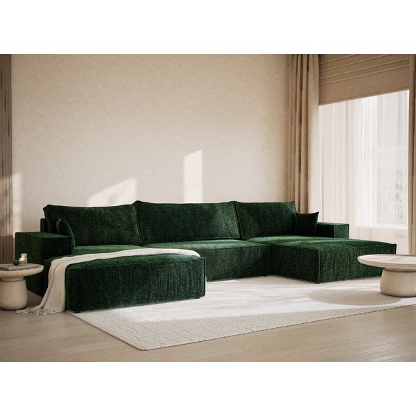 Colțar verde închis extensibil/cu spațiu de depozitare cu tapițerie din chenille (în formă de "U") Kyoto – Maison de Rêve-image-1