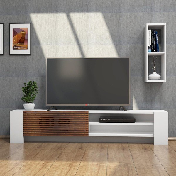 Set comodă TV și poliță perete cu detalii cu aspect de lemn de nuc Muzzo Pina, alb-image-3