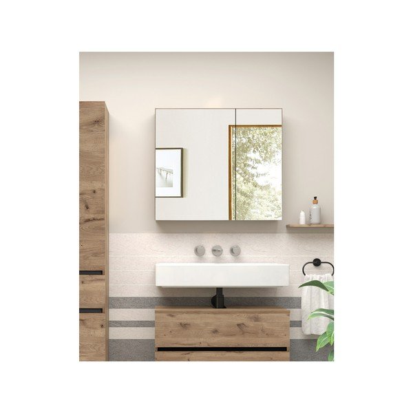 Dulap de baie în culoare naturală suspendat/cu oglindă cu aspect de lemn de stejar 80x70 cm Wisla – Støraa-image-3