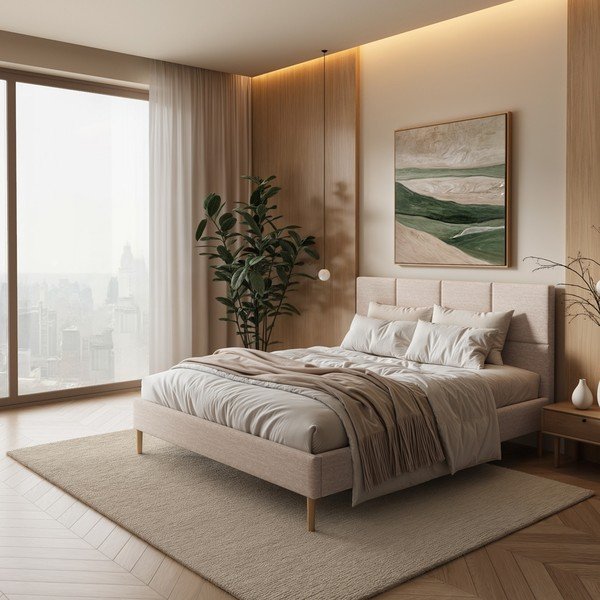 Pat matrimonial crem tapițat cu somieră 140x200 cm Alano – MESONICA-image-1