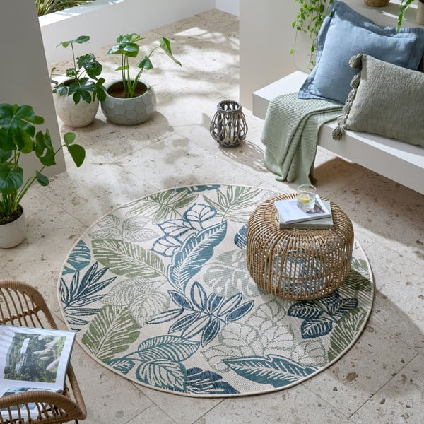 Covor pentru exterior și interior verde/albastru rotund ø 160 cm Bella Leaf – Flair Rugs-image-1