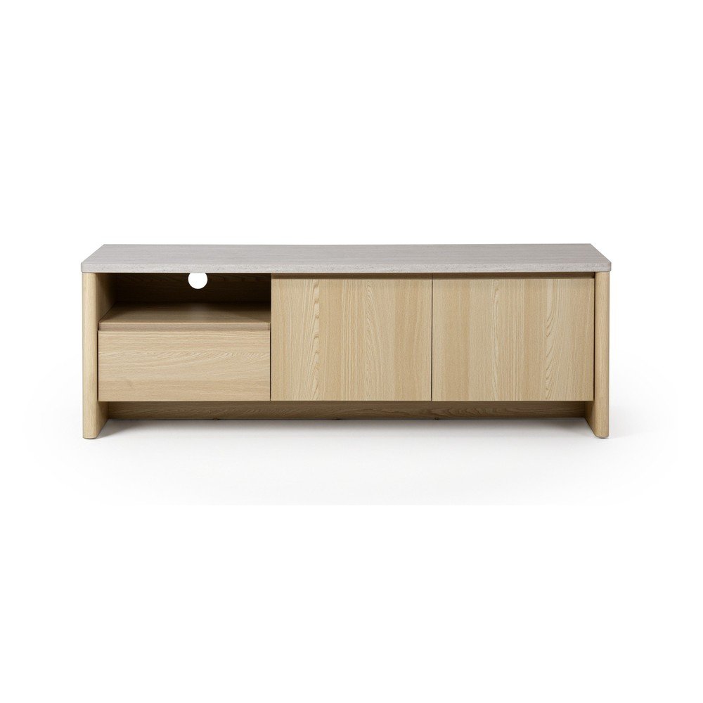 Comodă TV albă/în culoare naturală deschisă cu aspect de lemn de stejar 153x50x45 cm Dore – Marckeric