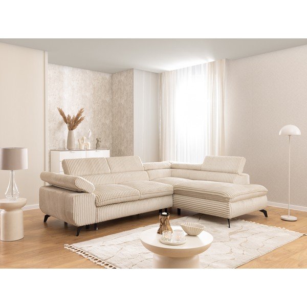 Colțar bej cu tapițerie din catifea reiată  (cu colț pe partea dreaptă/în formă de ”L”) Marbeya  – Ropez-image-1