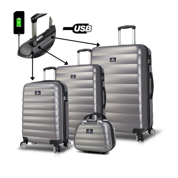 Set 3 valize cu roți, port USB și geantă cosmetică/voiaj My Valice RESSO Travel Set, gri