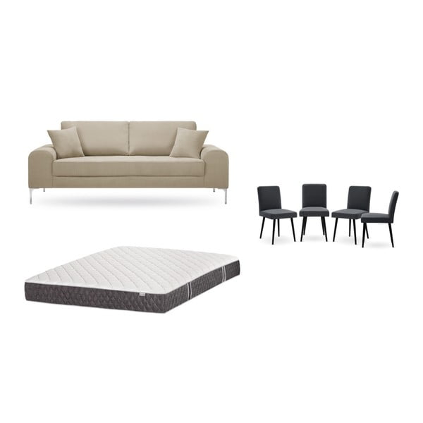 Set canapea gri deschis cu 3 locuri, 4 scaune gri antracit, o saltea 160 x 200 cm Home Essentials