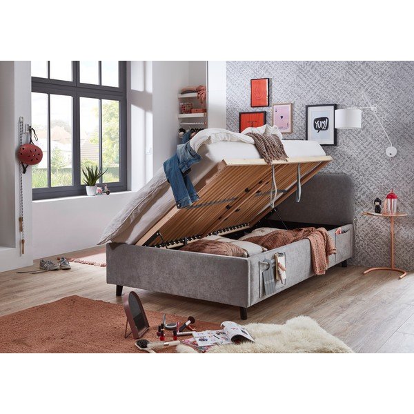 Pat pentru copii  gri cu spațiu de depozitare cu somieră 120x200 cm Cosy – Meise Möbel-image-2