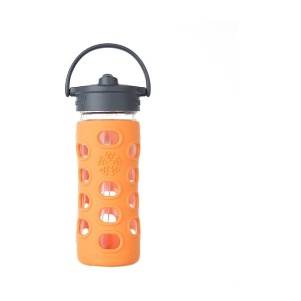 Sticlă de voiaj cu pai, din sticlă, cu protecție din silicon, Lifefactory Orange, 350 ml