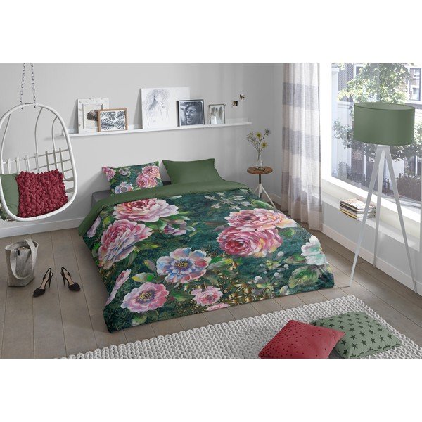 Lenjerie de pat verde din bumbac pentru pat de o persoană, extinsă 140x220 cm Fleur – Good Morning-image-1