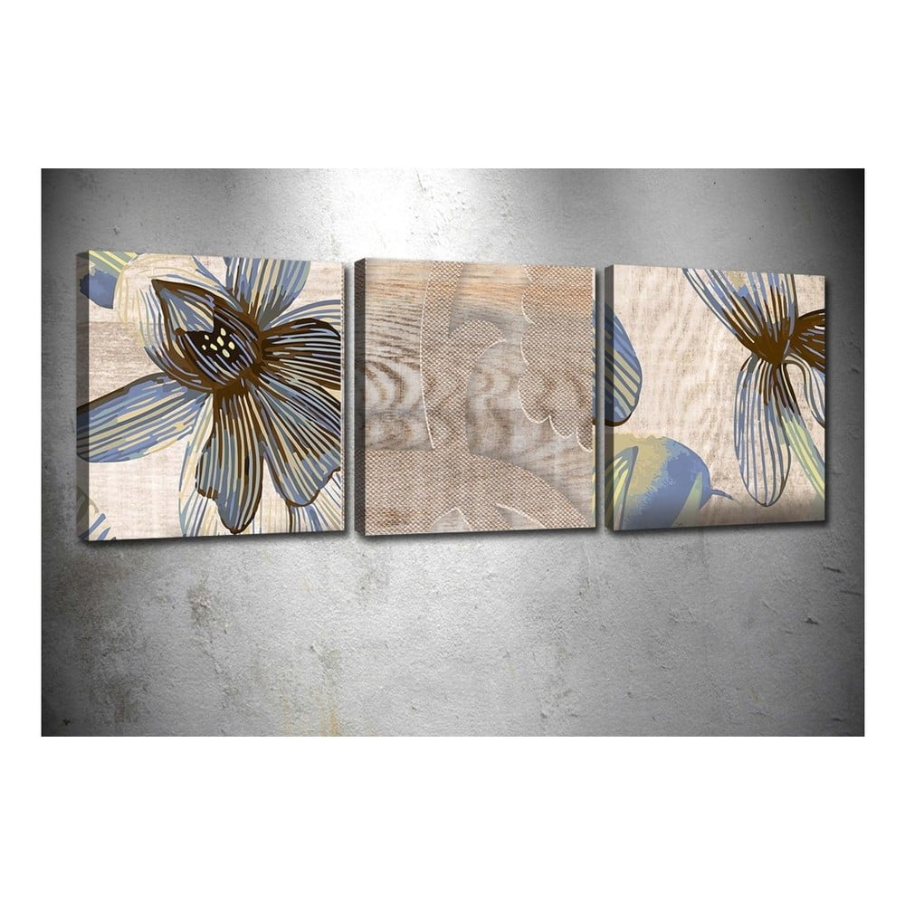 Set 3 tablouri Wood Flowers, 30 x 30 cm