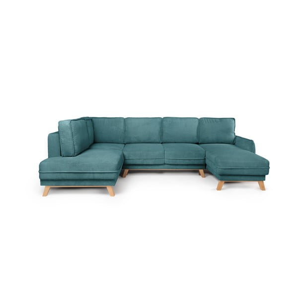 Colțar turcoaz extensibil cu tapițerie din catifea reiată (cu colț pe partea stângă /în formă de "U") Tori – Bonami Selection