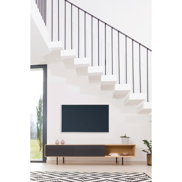 Masă TV neagră/în culoare naturală din lemn masiv de stejar 200x48 cm Fina – Gazzda-image-1