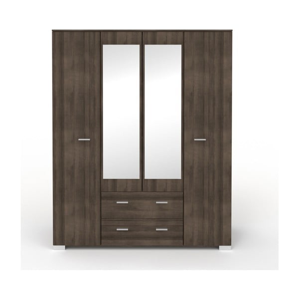 Dulap cu 4 uși, 2 sertare și oglindă în decor de lemn de nuc Parisot Alix