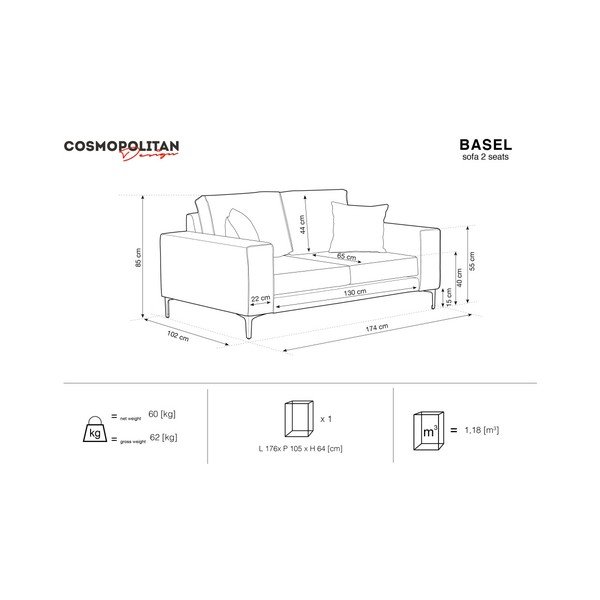 Canapea Cosmopolitan Design Basel, roz pudră, 174 cm-image-1