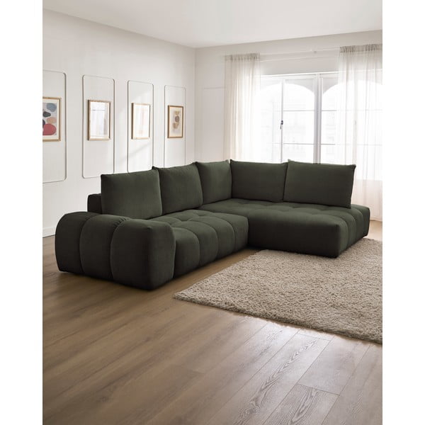 Colțar verde extensibil/cu spațiu de depozitare cu tapițerie din chenille (cu colț pe partea dreaptă/în formă de ”L”) Everest – Bobochic Paris-image-1