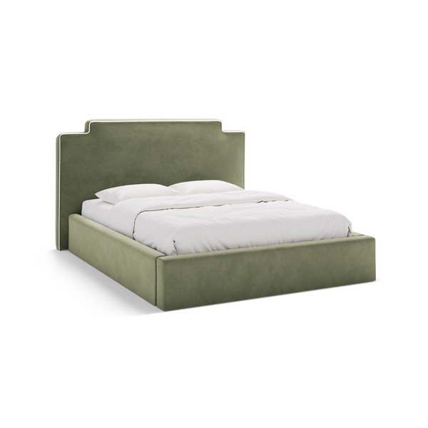 Pat matrimonial verde tapițat cu spațiu de depozitare cu somieră 180x200 cm Princess – Micadoni 