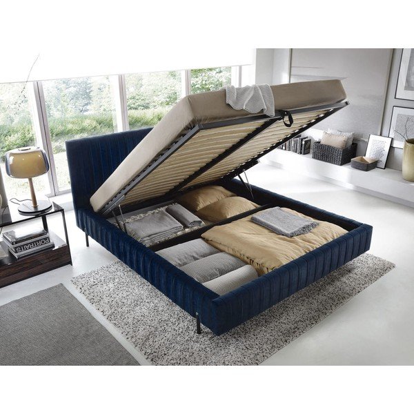Pat matrimonial albastru închis tapițat cu spațiu de depozitare cu somieră 160x200 cm Plissa – ELTAP-image-2