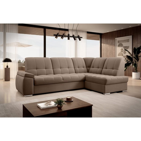 Colțar maro extensibil/cu spațiu de depozitare cu tapițerie din catifea (cu colț pe partea dreaptă/în formă de ”L”) Sado – ELTAP-image-4