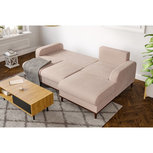 Colțar bej cu tapițerie din catifea reiată  (cu colț pe partea dreaptă) Beata – Ropez-image-1